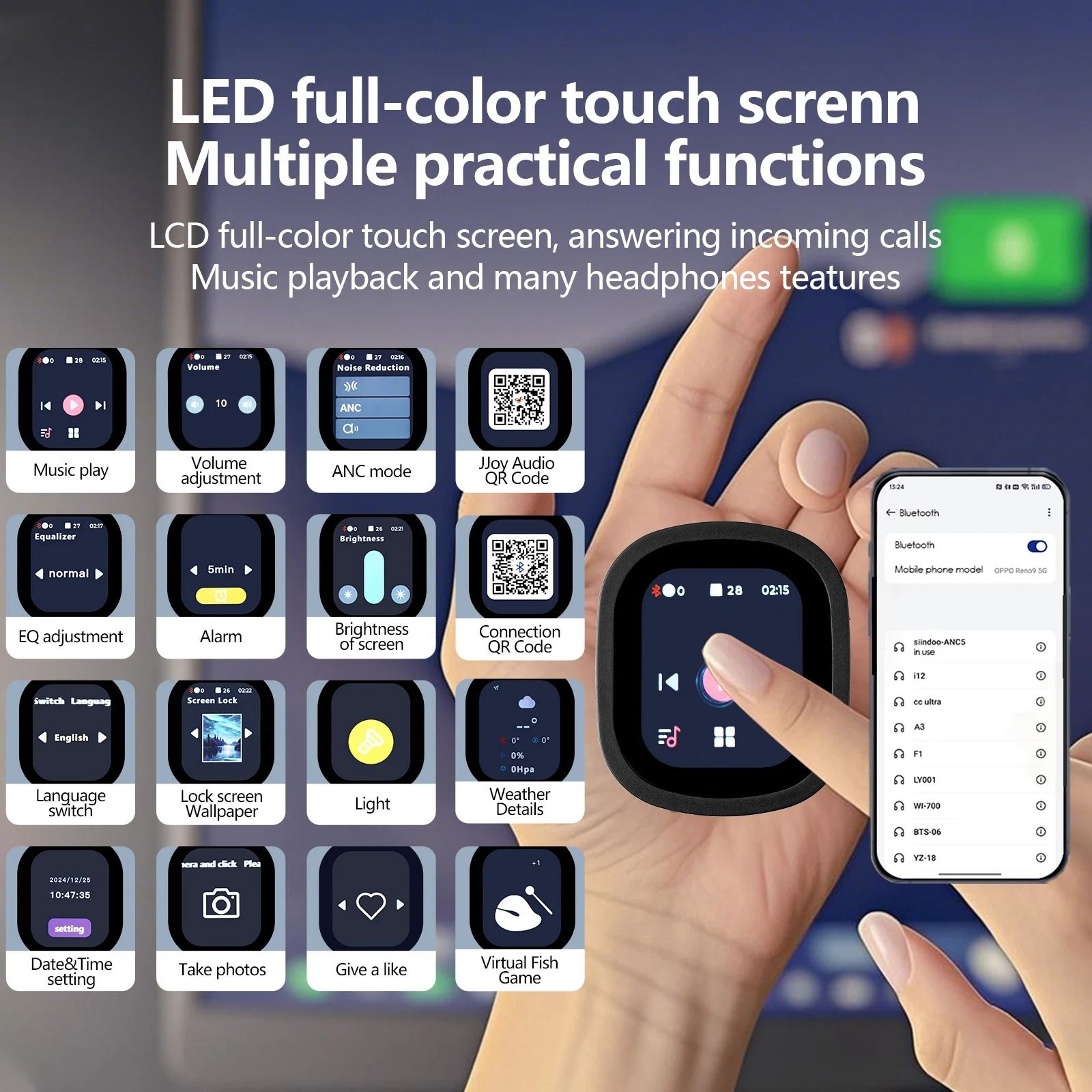 Hybrid Active Noise Cancelling Wireless Headphones – Touch Control with Integrated LED Screen
