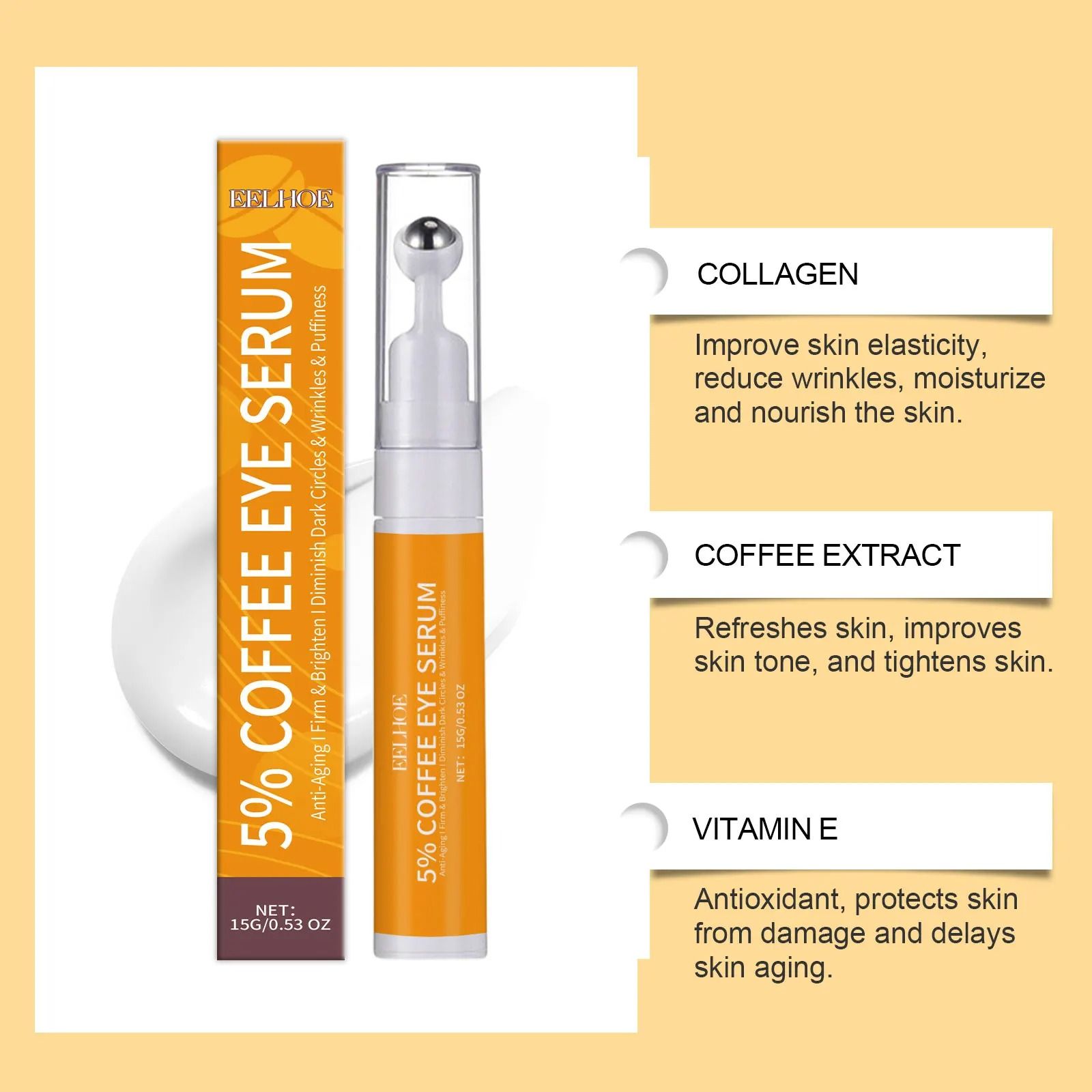 Premium Coffee Eye Serum – Moisturizing & Firming Under Eyes Skin Care with Collagen & Vitamin E