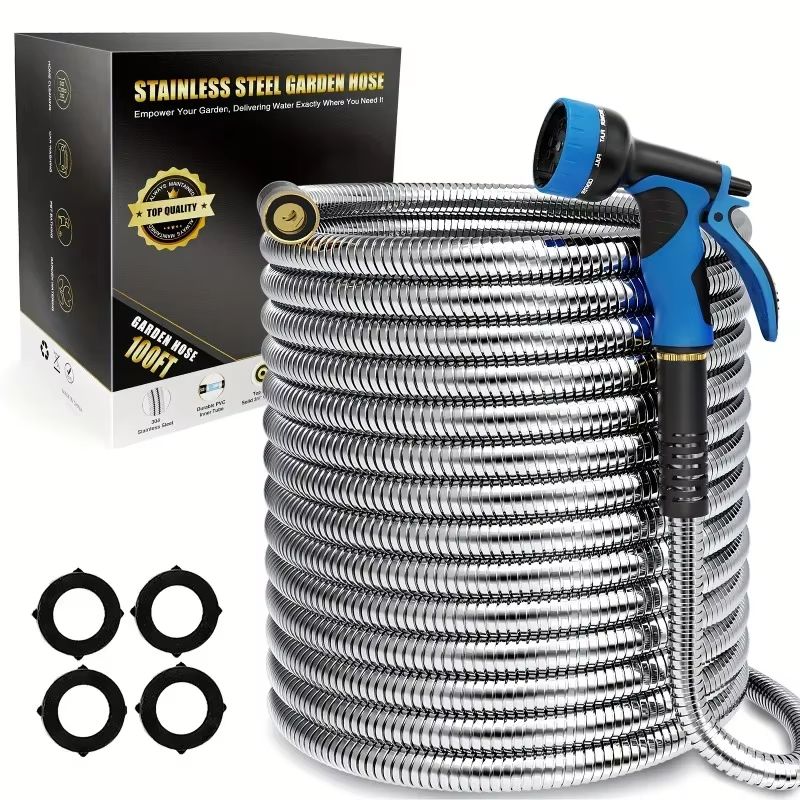 Heavy Duty Garden Hose with Stainless Steel Pipe and Adjustable 10-Function Spray Nozzle