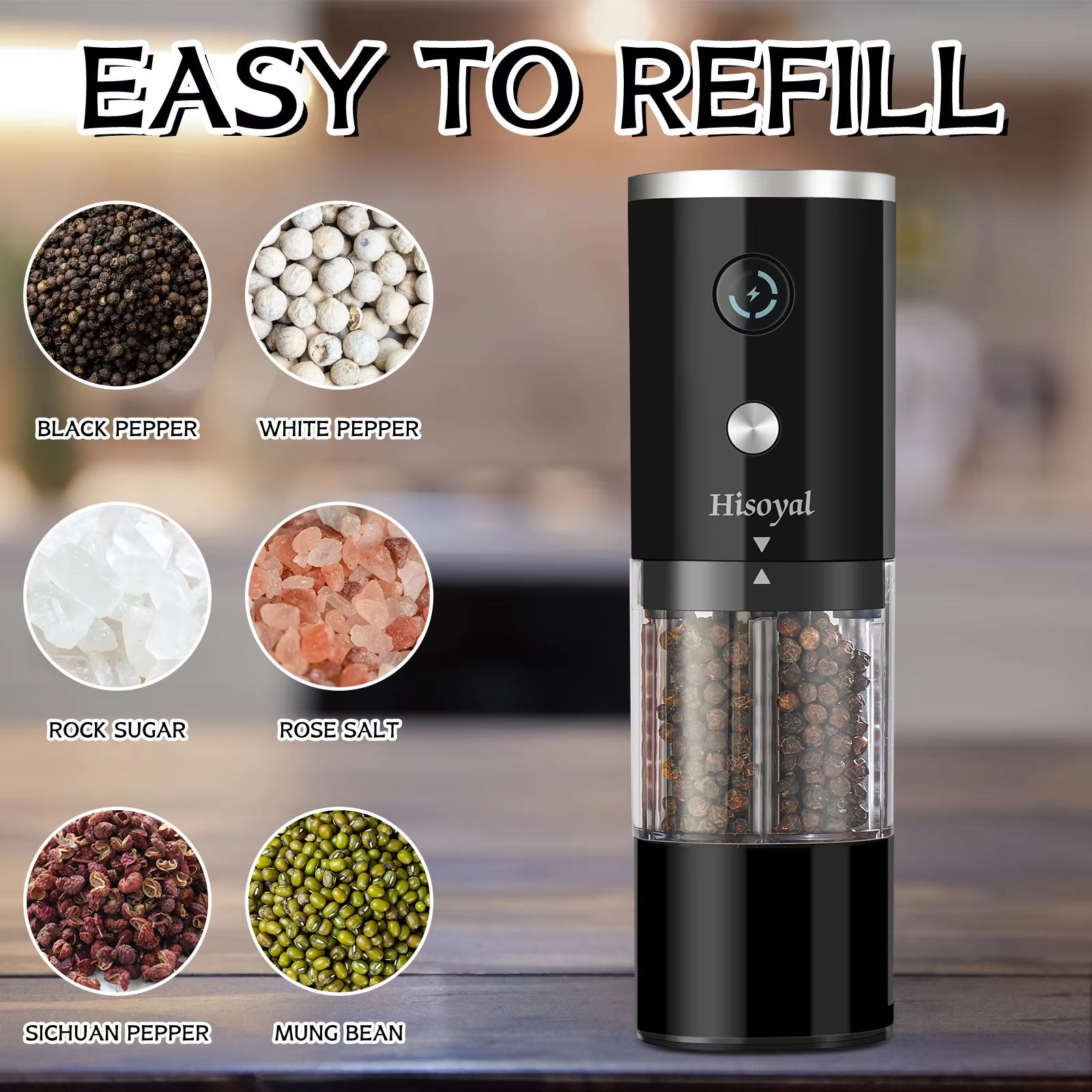 USB Rechargeable Electric Salt and Pepper Grinder Automatic Spice Grinder with Adjustable Coarseness