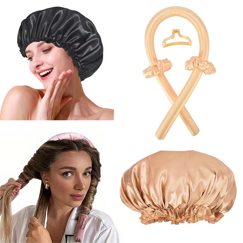 Satin Silk Hair Curler Sleeping Cap, Natural Curly Hair Headwrap Set, Long Hair Wave Care Tool