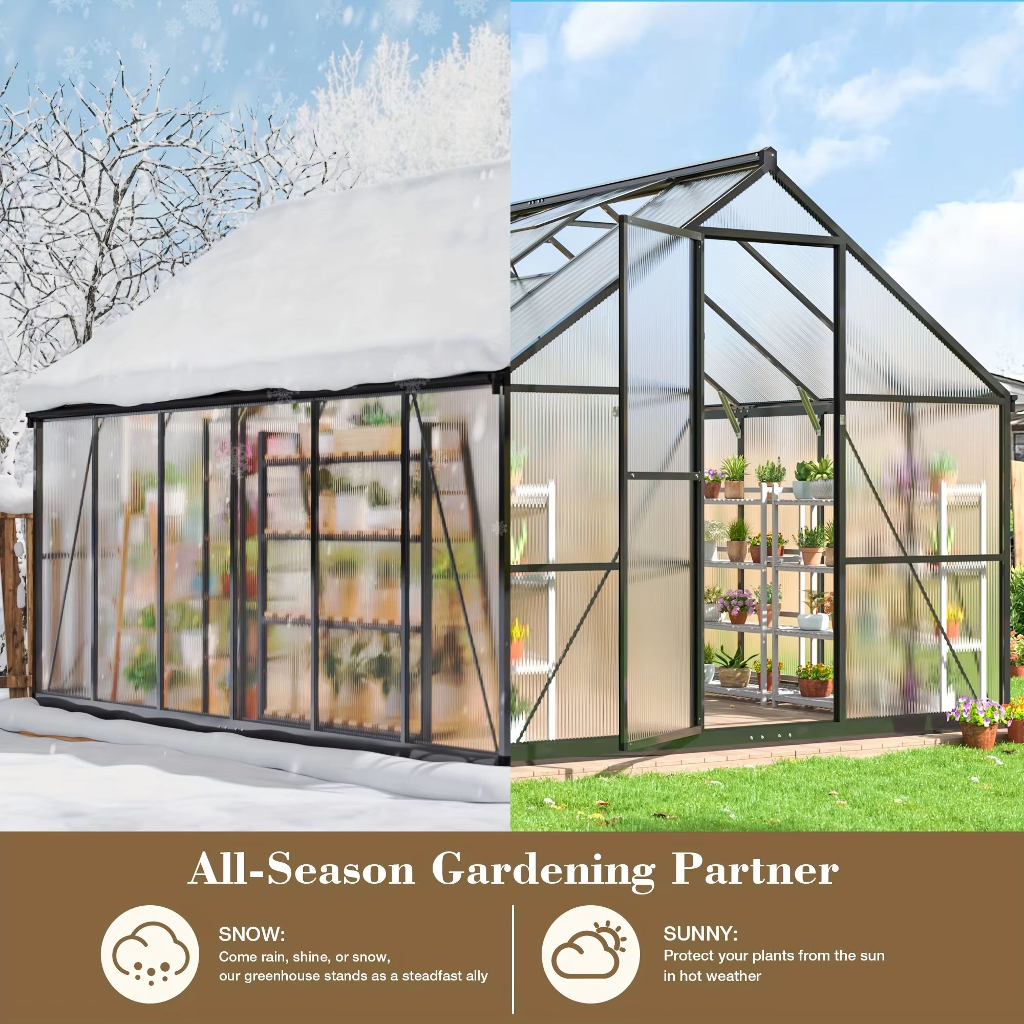 VIWAT Polycarbonate Greenhouse with Aluminum Frame and Vent Roof UV Protected Backyard Garden Structure