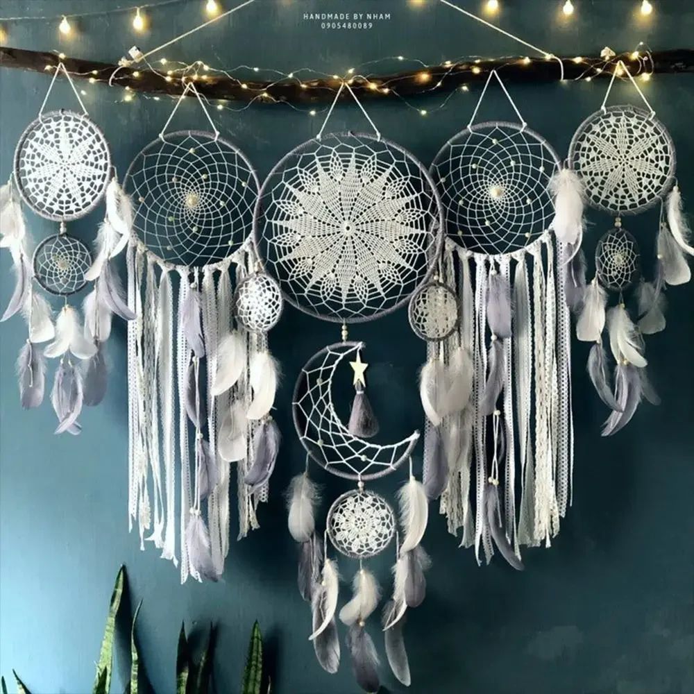 Boho Macrame Dream Catcher Wall Decor Set with Moon Design for Nursery & Home