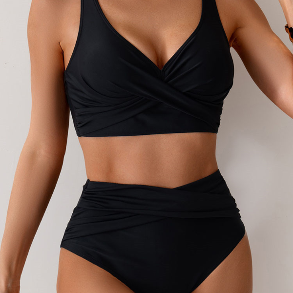Cross Push Up Bikini Set, Solid Strapped Swimwear Women Brazilian High Waist Beach Bath Suit