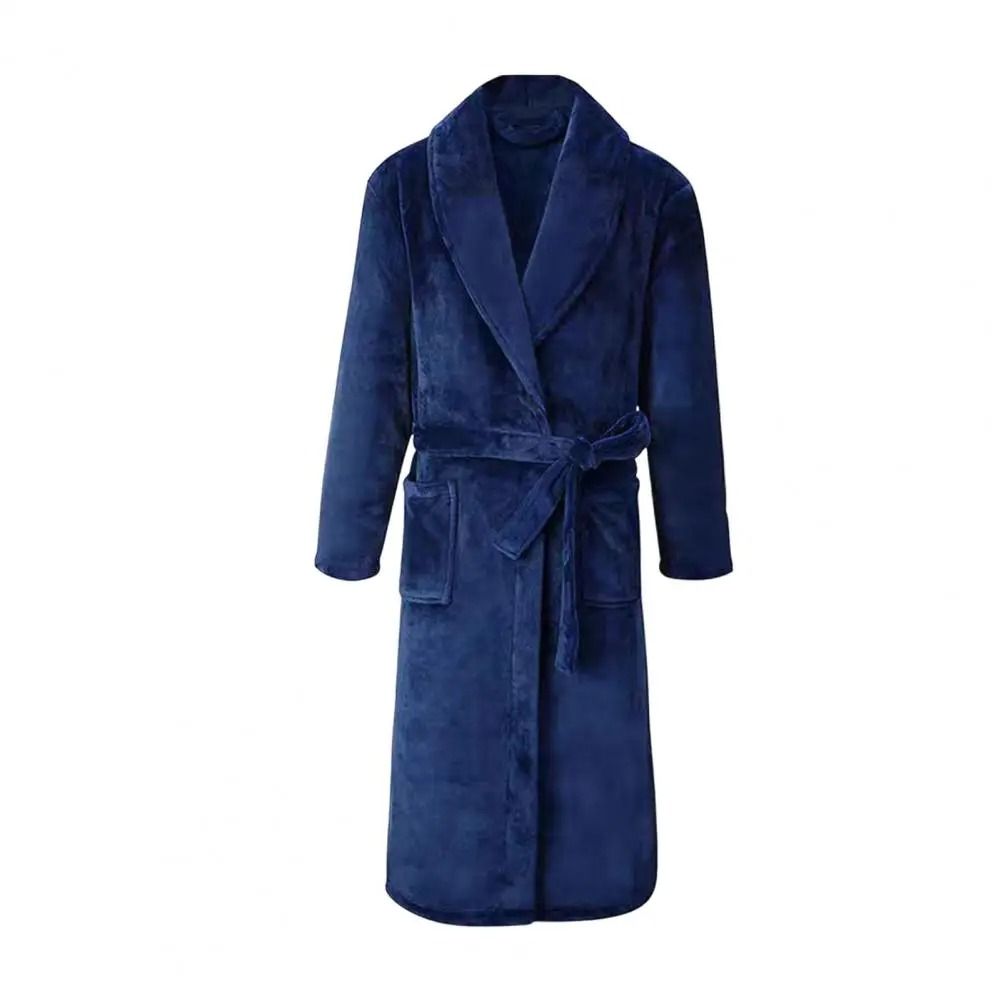 Mens Plush Flannel Winter Bathrobe Thick Lined Medium Length Home Robe