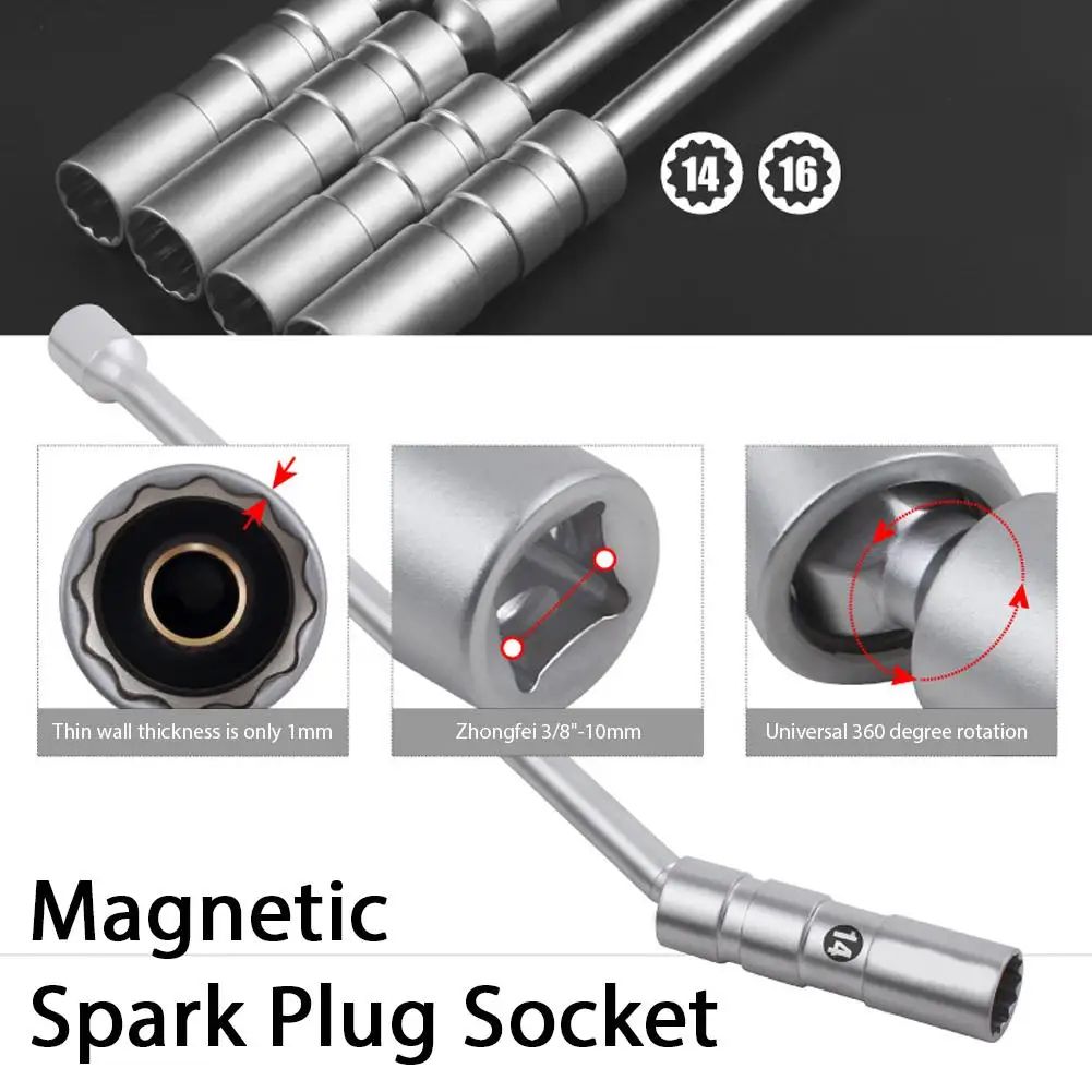 3/8 Inches Drive Magnetic Swivel Spark Plug Socket Set 14mm/16mm – 12-Point Universal Joint Plug Removal Wrench