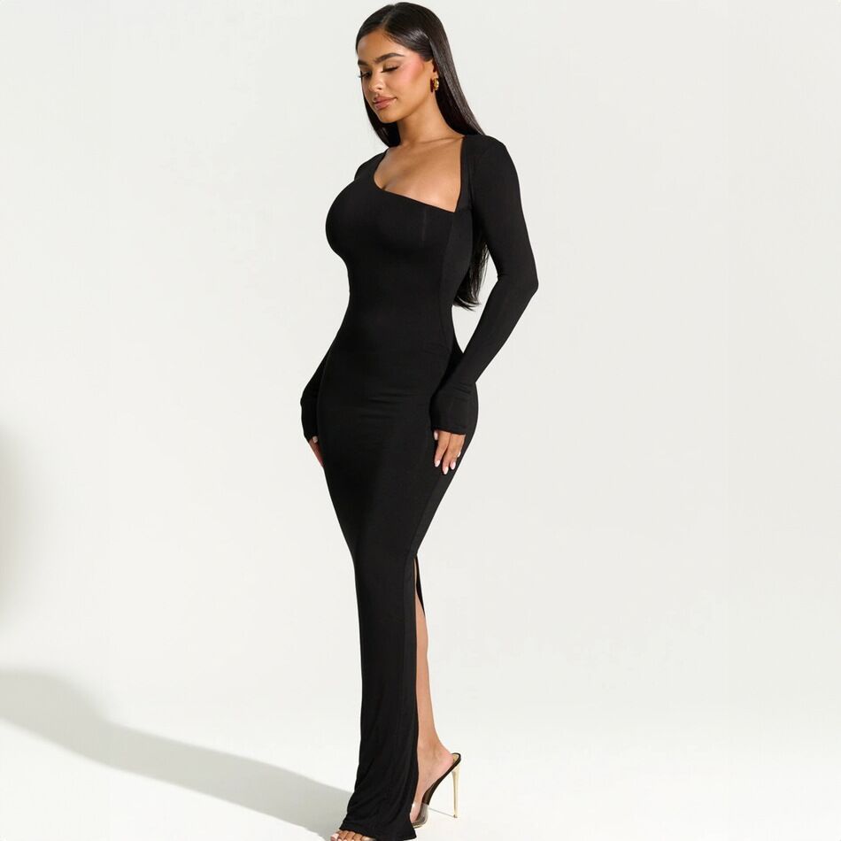 Diagonal Collar Slim Fitting Party Maxi Dress for Autumn Women Long Sleeved Elegant Split Style