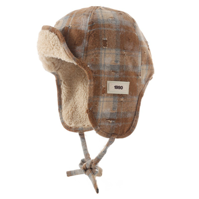 Plaid Unisex Ski Caps Thickened Warm Pilot Hat Windproof Bomber Hat