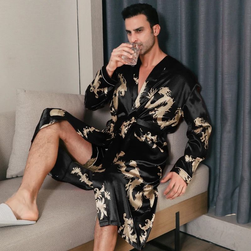 Mens Ice Silk Long-Sleeved Bathrobe – Lightweight Spring & Autumn Sleepwear