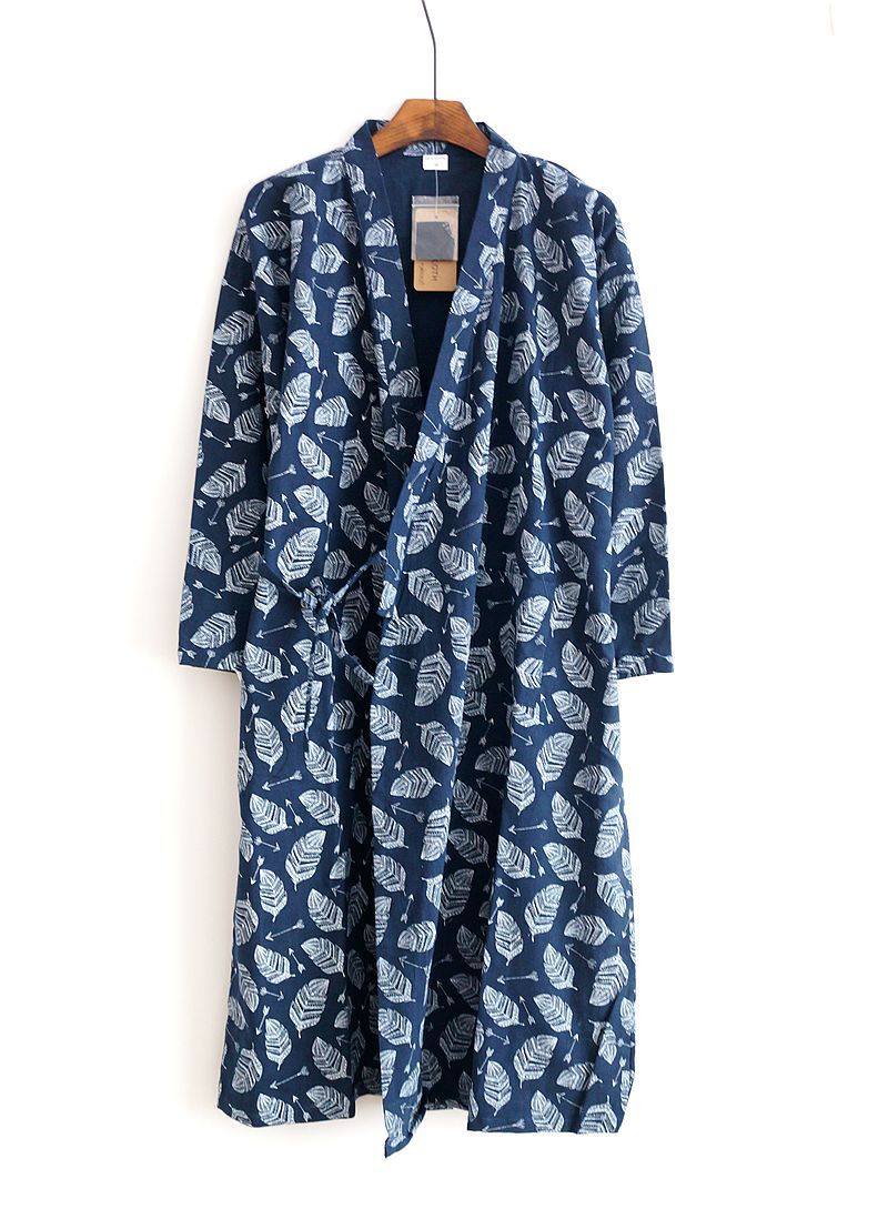Men's Hooded Cotton Gauze Robe, Thin Yukata Kimono Pajamas, V-Neck Cotton Bathrobe
