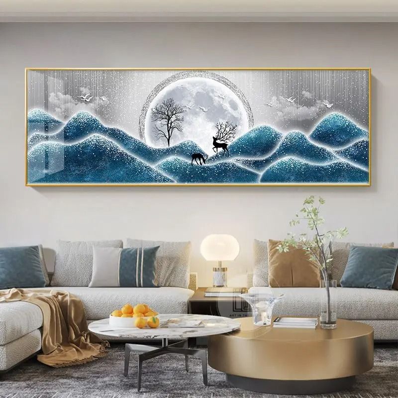 Feng Shui Gold Deer Canvas Wall Art Chinese Style Mountain Decor Print