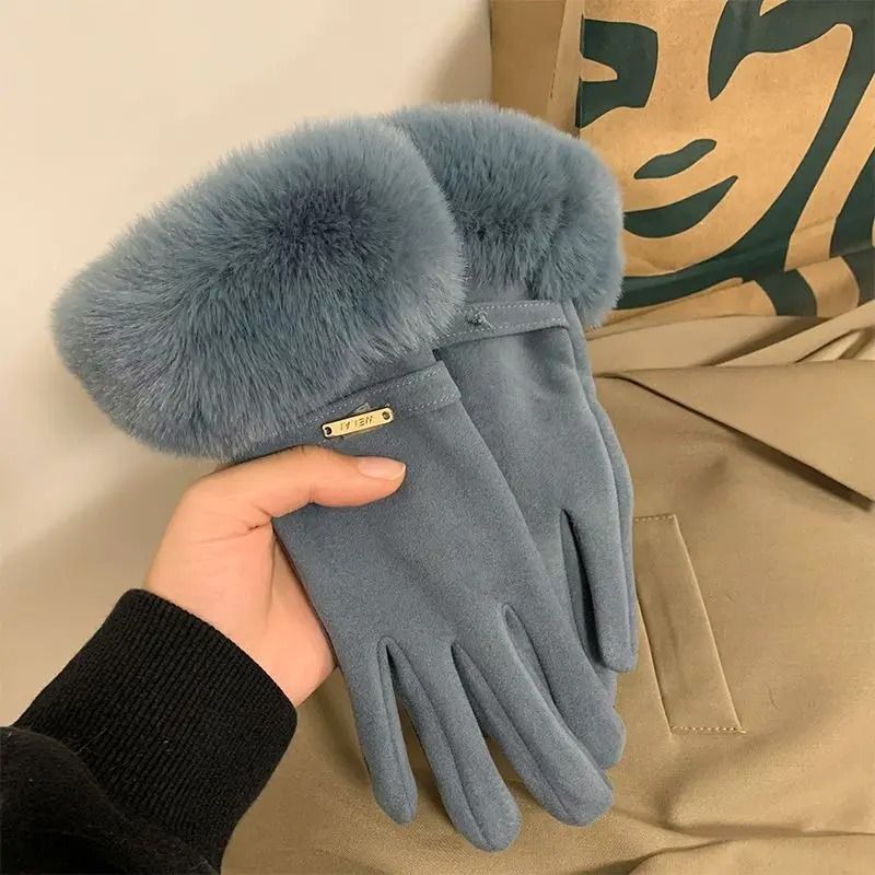 Women Winter Touchscreen Suede Gloves with Plush Cuff and Fleece Lining