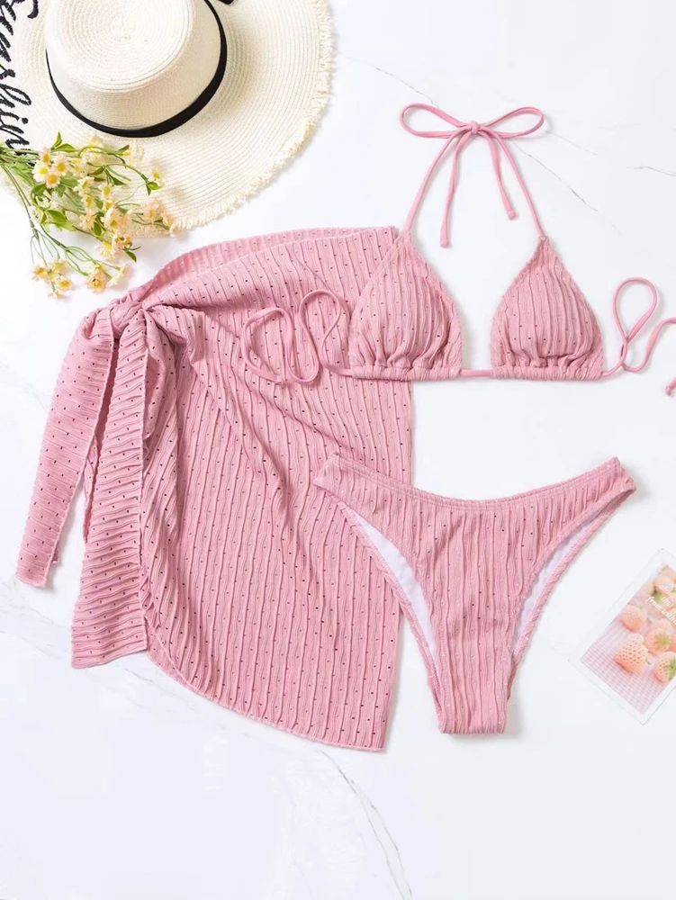Halter Thong Bikini Set with Sarong Skirt