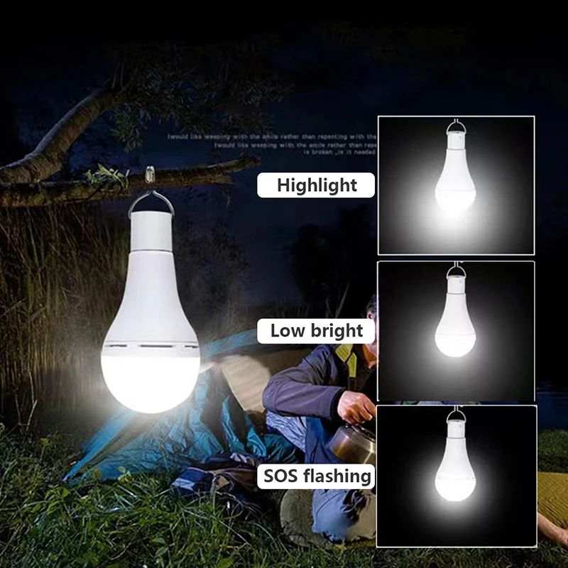 Solar Rechargeable Light Bulb with USB 5V Charging and Hanging Hook