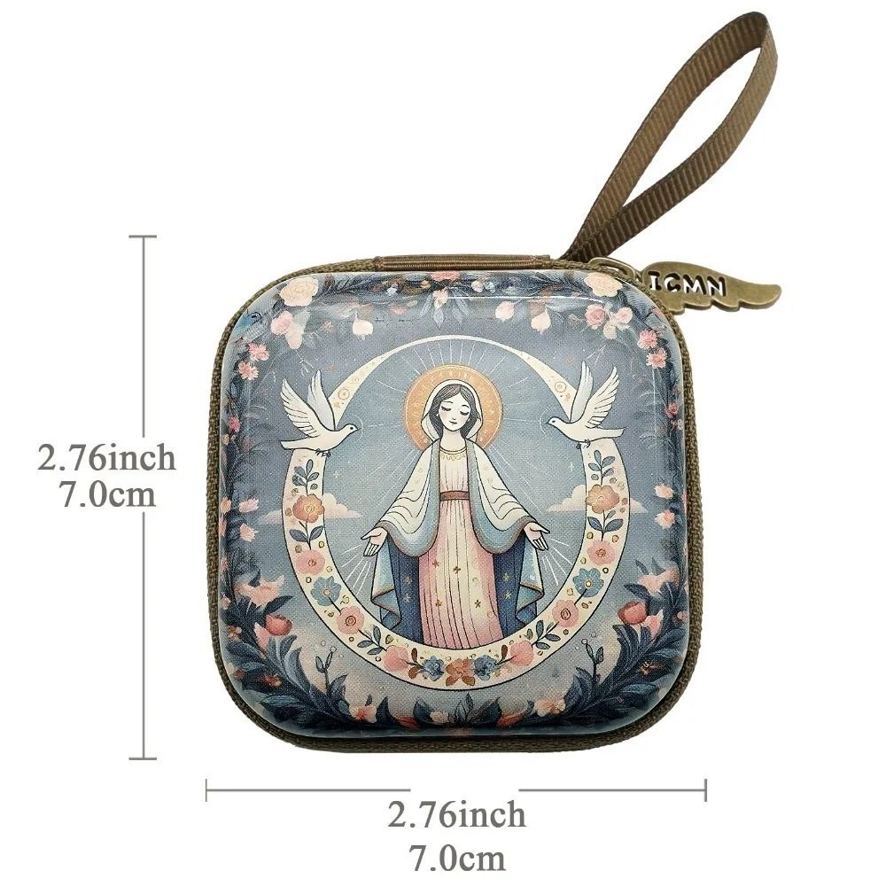 Virgin Mary Prayer Rosary Bag – 2.8 in Zippered Christian Jewelry Box – High-Yield Devotional Interaction Hub