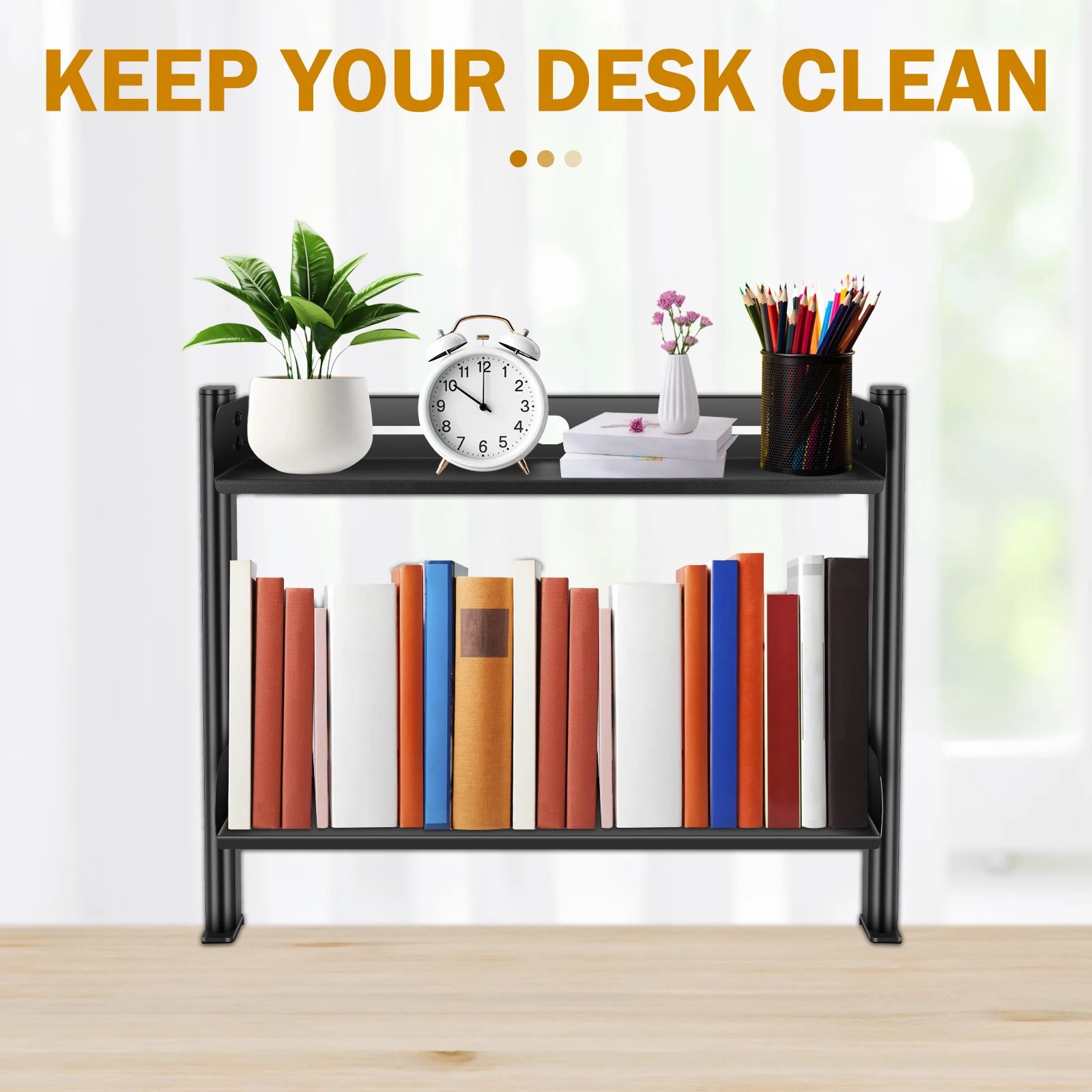 Clamp-On 2 Tier Desk Shelf Organizer, No-Drill Adjustable Metal Desktop Storage Rack