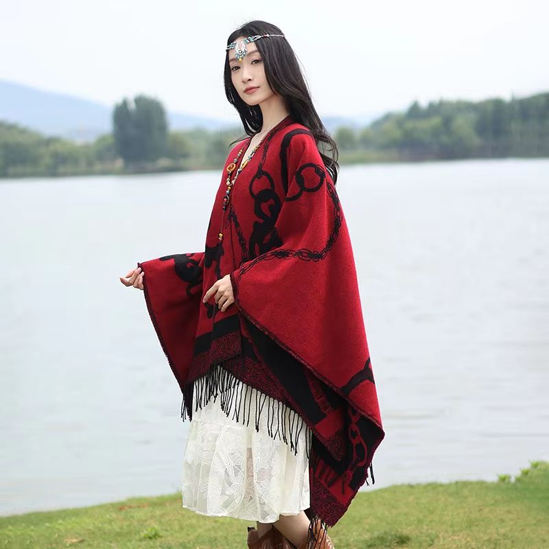 Luxury Jacquard Cashmere Poncho Cape, Thick Unisex Travel Shawl Wrap