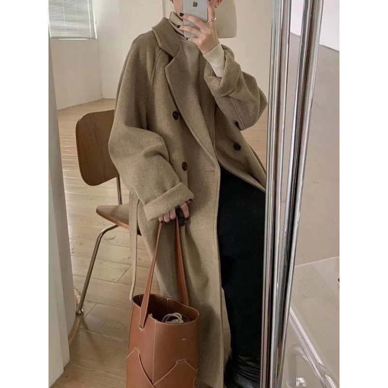 Elegant Women's Woolen Coat, Autumn Winter Mid Length Hepburn Style, Loose Fit Thickened Outerwear