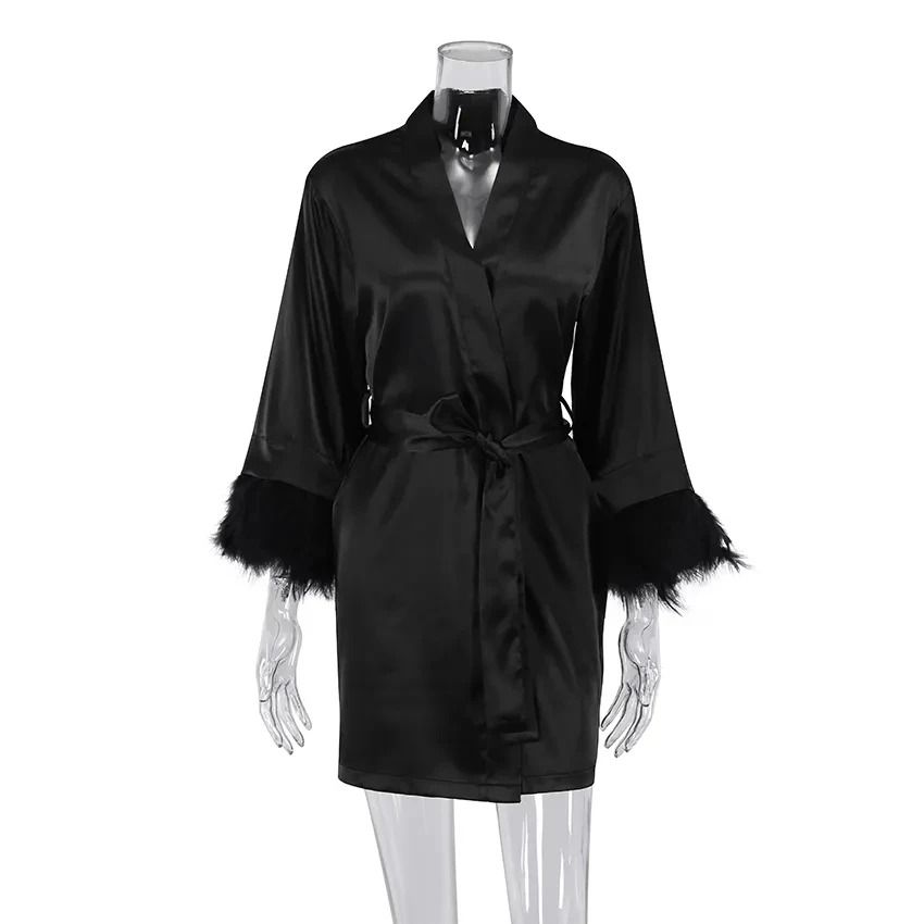 Luxurious White Feather Satin Robe – Professional Full Sleeve Bride Gown & Fur-Trimmed Nightgown