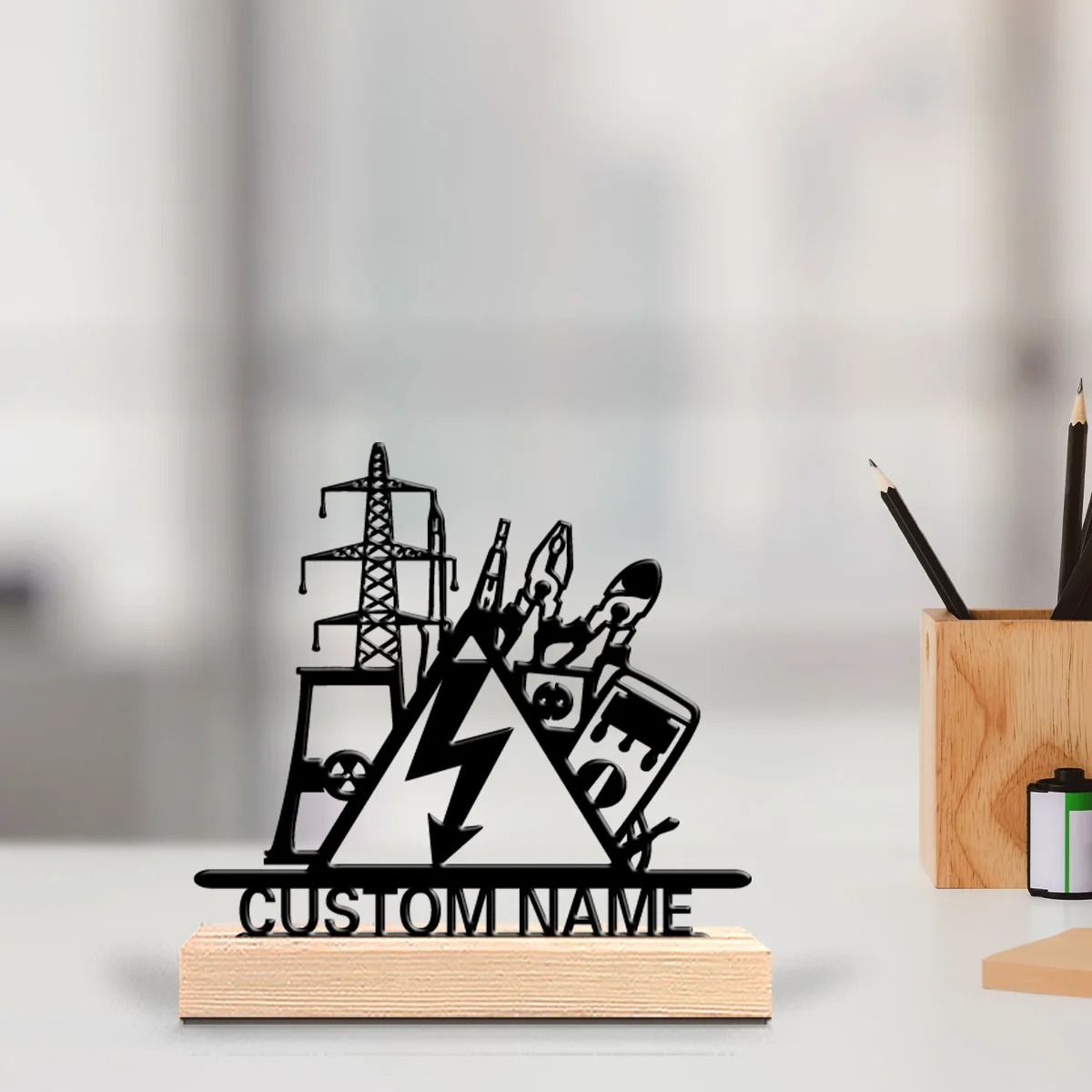 Personalized Electrical Engineer Metal Statue Desk Decor with Wooden Base