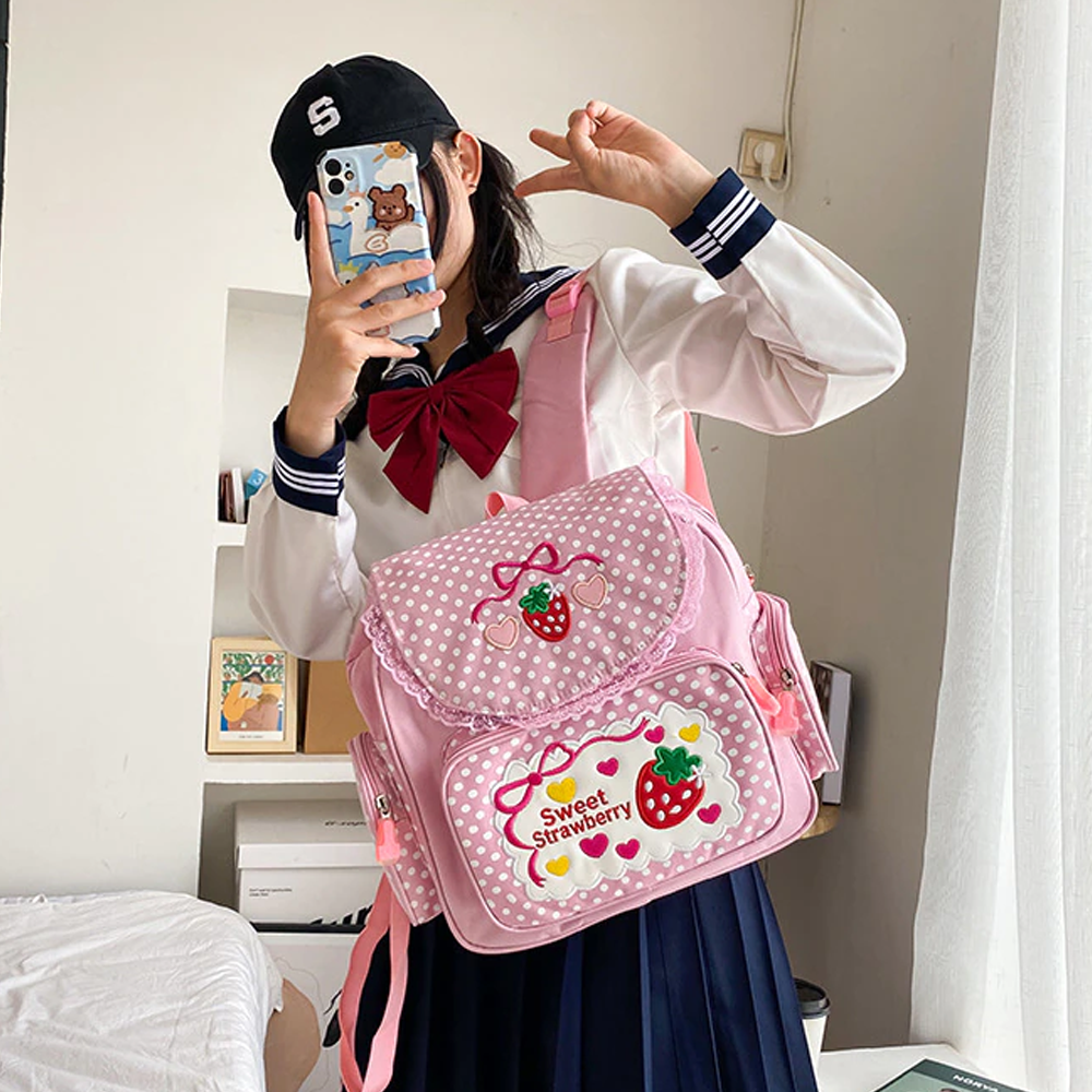 Pink Backpack With Strawberry Pattern