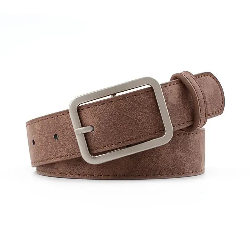 Womens Retro Leather Belt w/ Silver Square Pin Buckle - Fashion Jeans Waist Belt, Adjustable Student Waistband