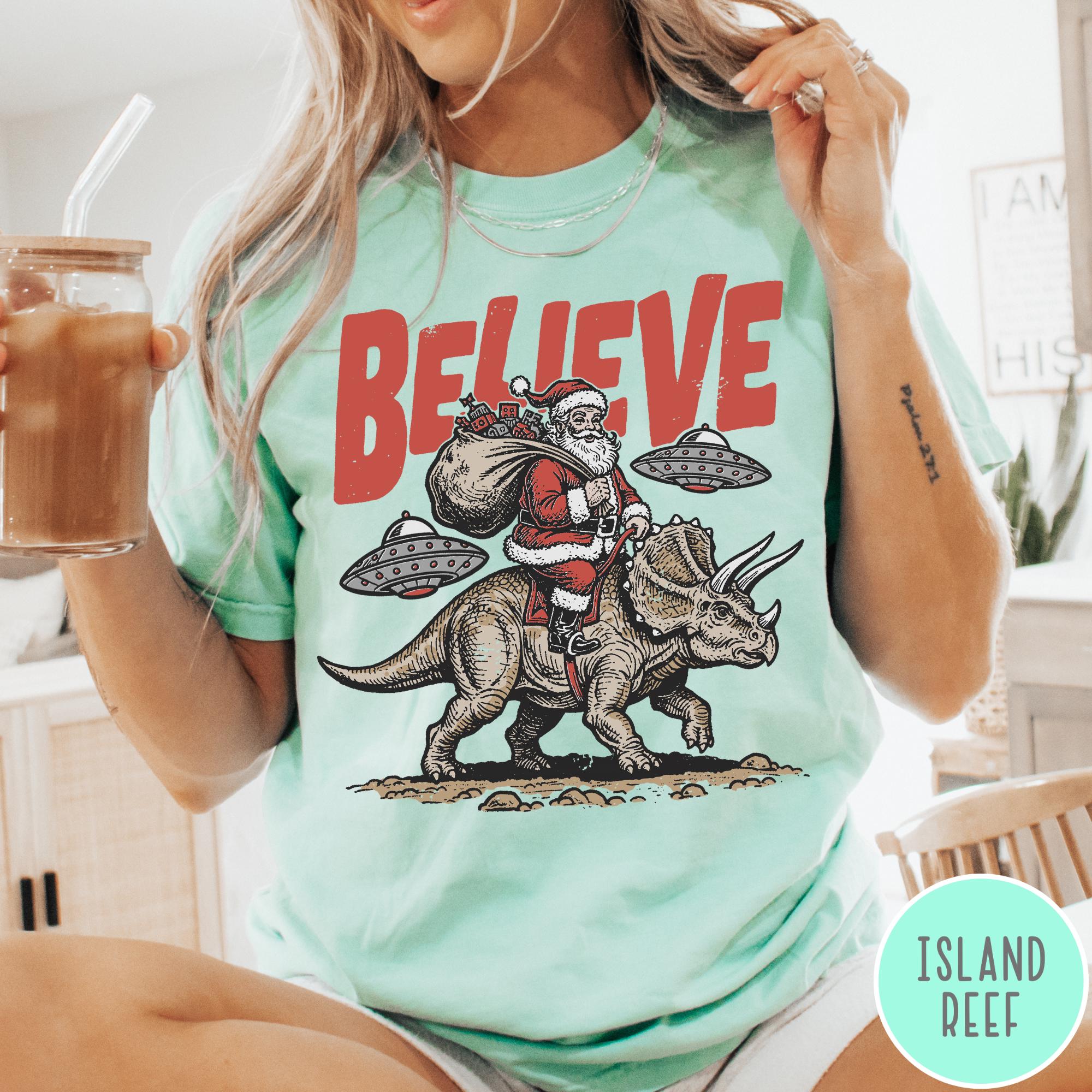 Funny Christmas Comfort Colors T-Shirt Believe in Santa Shirt, Unisex Santa Dinosaur UFO Tee