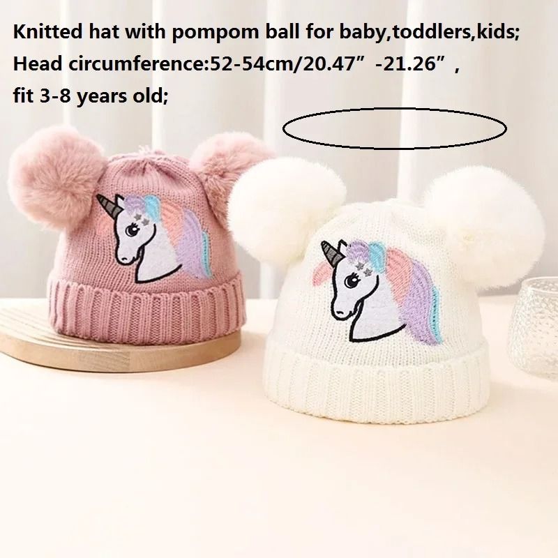 Cartoon Horse Knitted Winter Baby Hat Kids PomPom Ball Warm Bonnet