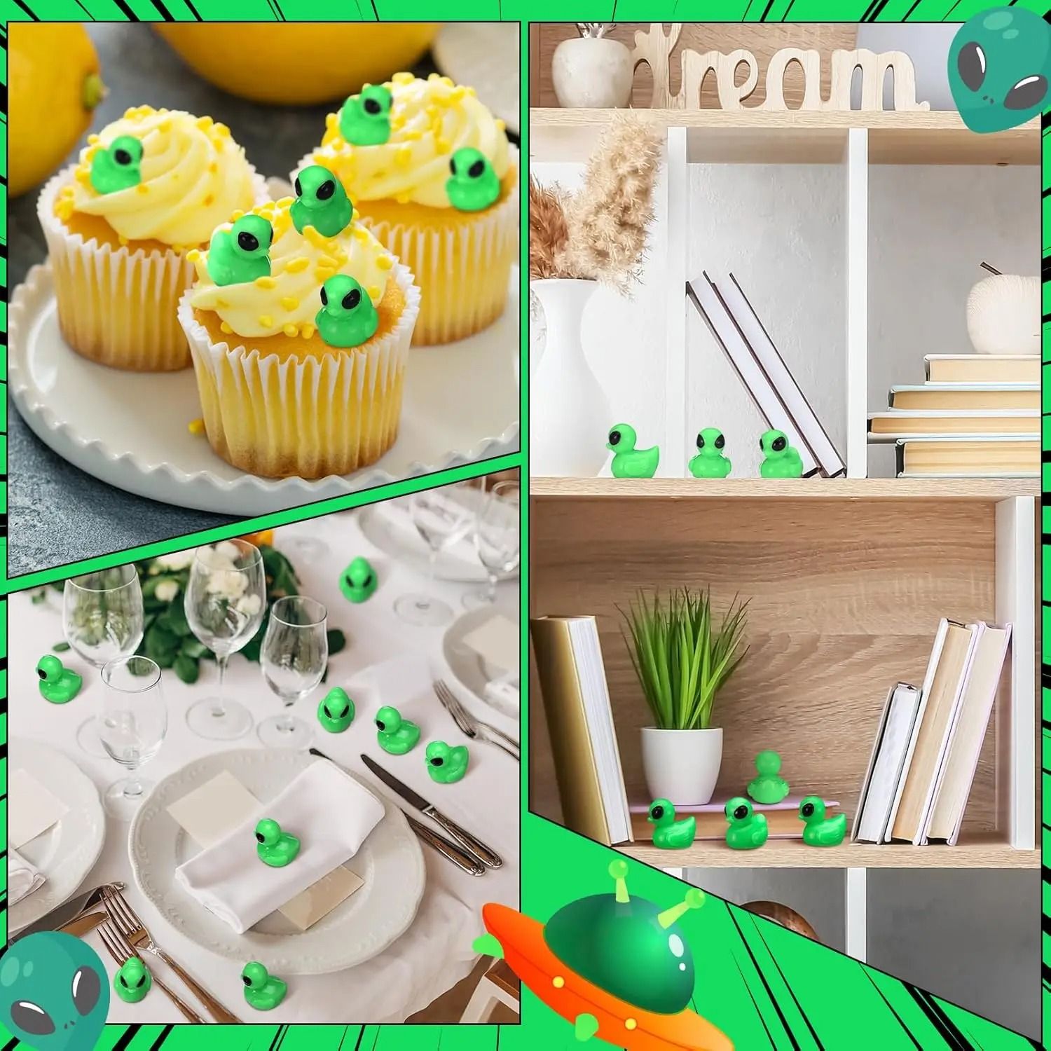 Sci-Fi Green Alien Mini Ducks | 50pc UFO Galactic Figurines | Cosmic Halloween Party Favors & Desktop Decor