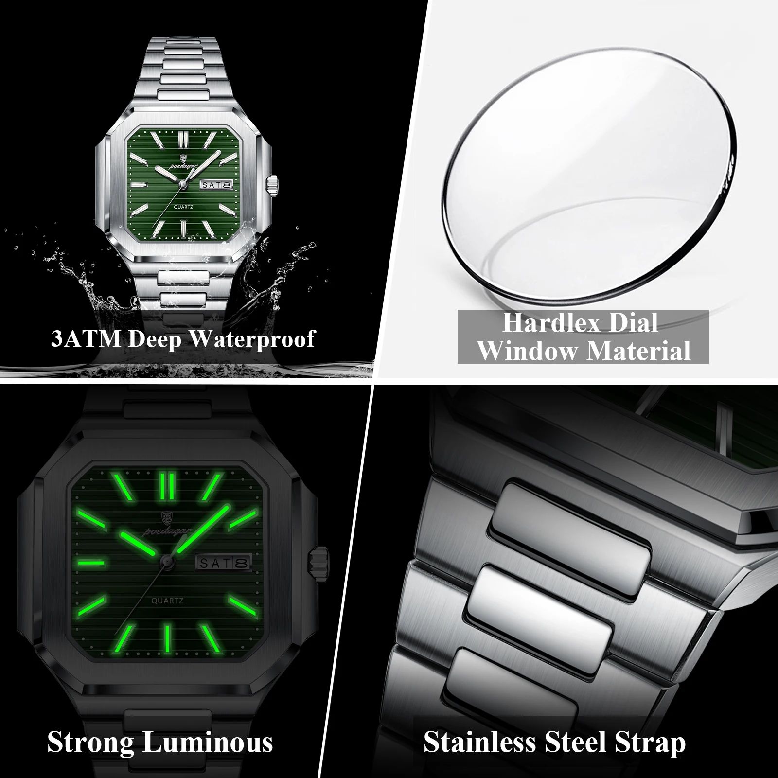 POEDAGAR Luxury Square Waterproof Men's Quartz Watch with Luminous Date & Week