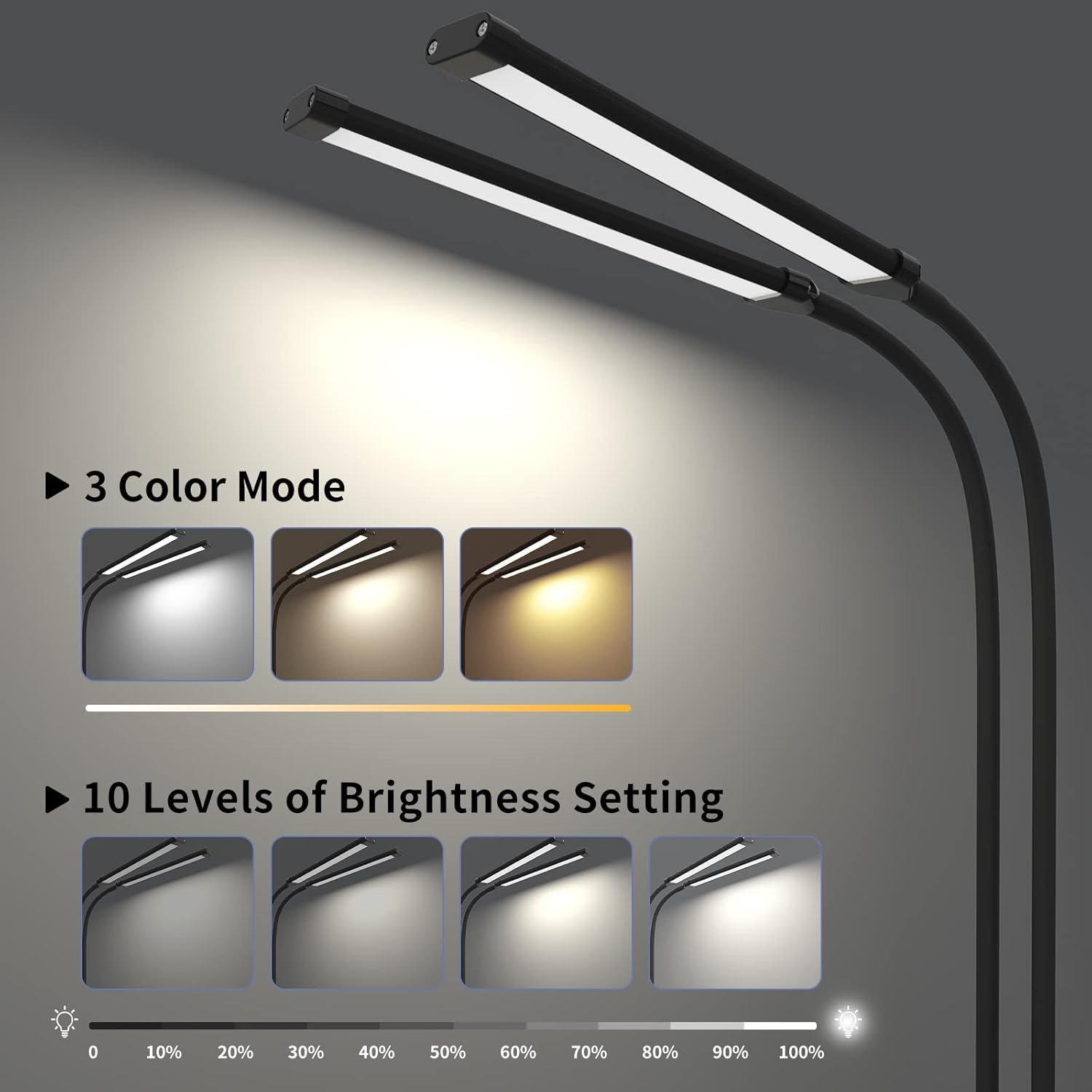 Clip-on Desk Lamp for Study, Lighting Modes, Flexible Gooseneck, Eye-Care Reading Lamp, USB Powered with Brightness