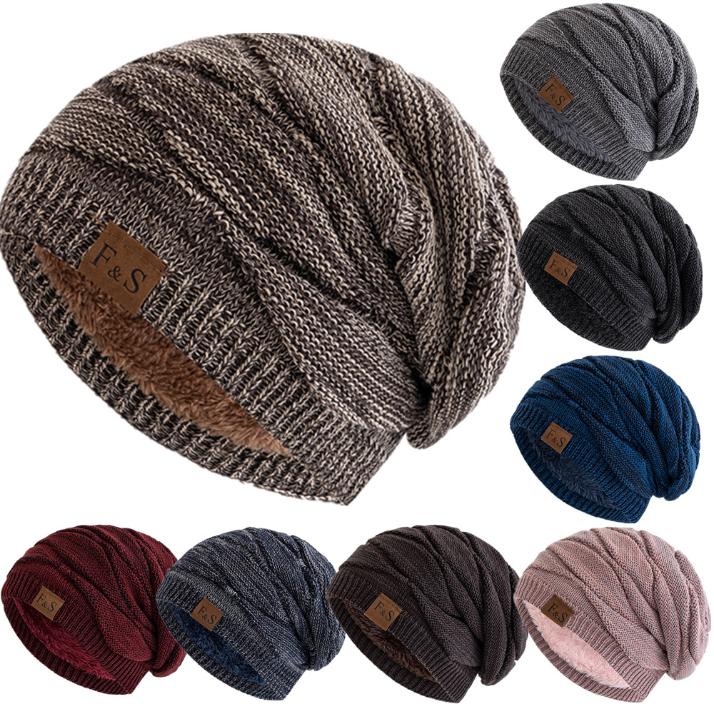 Warm Fleece Lined Beanie Cap, New Unisex Slouchy Winter Hats, Men Women Casual Label Decor