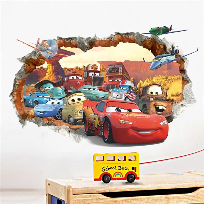 3D Cartoon Cars Breakthrough Wall Decal | Lightning McQueen Racing Mural | High-Fidelity Kid's Room & Playroom Art