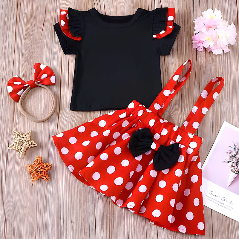 Minnie Mouse Girl Set, Summer Birthday Costume, Baby Clothing Set with Polka Dot Suspender Skirt and Bow Headband Skirt