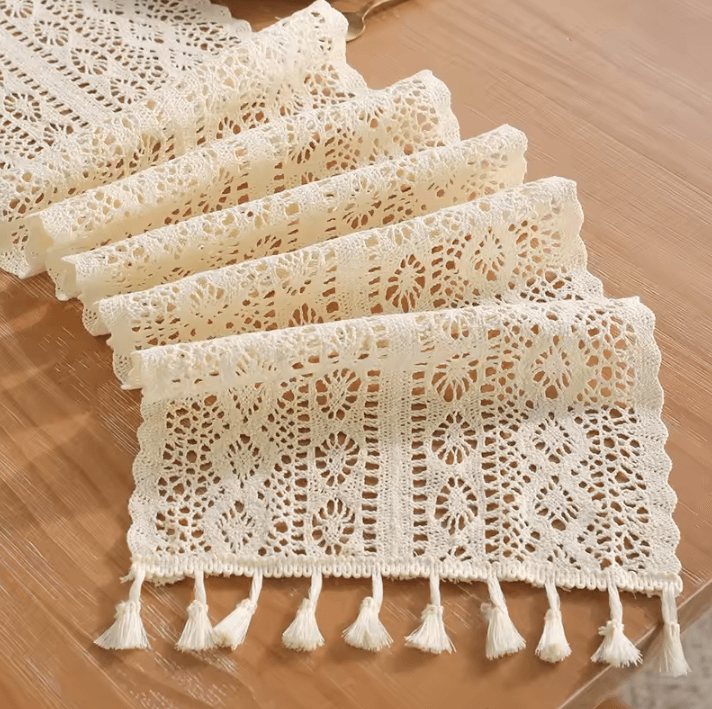 Vintage Beige Crochet Lace Table Runner – Tassel Boho Farmhouse Decor