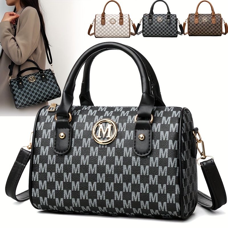 Women Alphabet Shoulder Bag with Golden Logo Faux Leather Crossbody Bag for Work Travel Parties & Gift