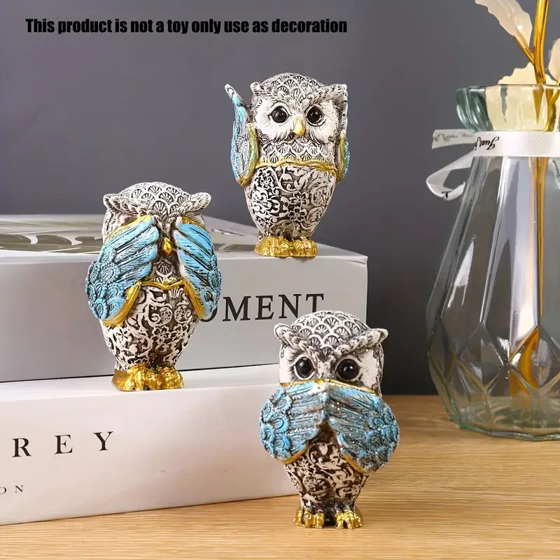 3-Piece Resin Owl Figurine Set – Decorative Animal Statues for Home, Office & Indoor Display