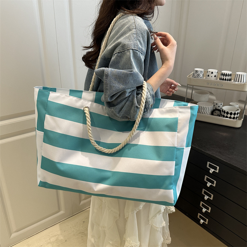 Waterproof Foldable Beach Bag Large Striped Canvas Travel Tote