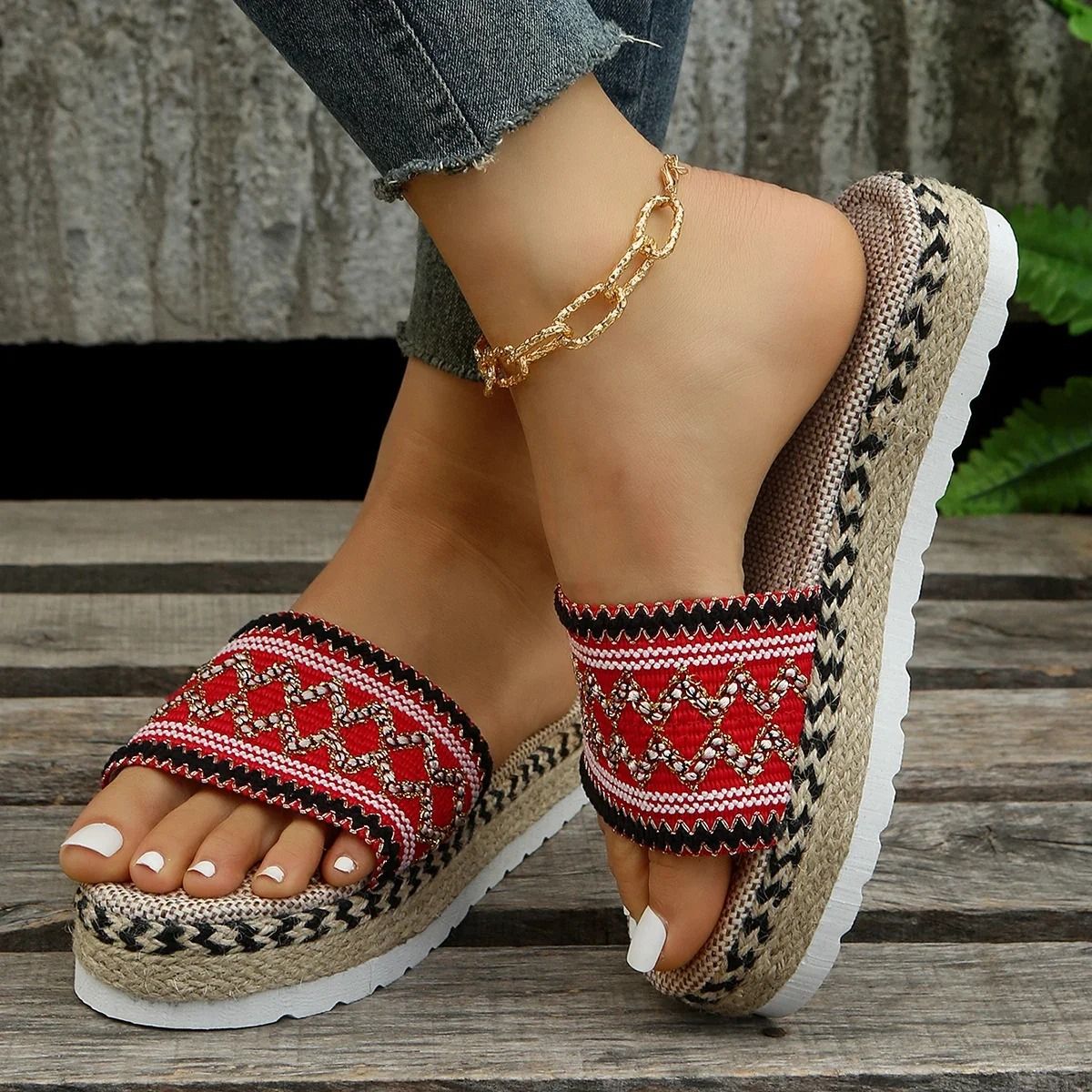 Platform Weave Sandals for Women Summer Slip On Espadrille Slippers