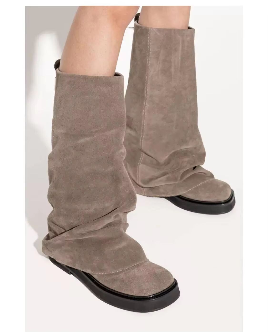 Women's Autumn Winter Calf Boots – Pleated Leather Mid-Leg Design with Thick High Heels