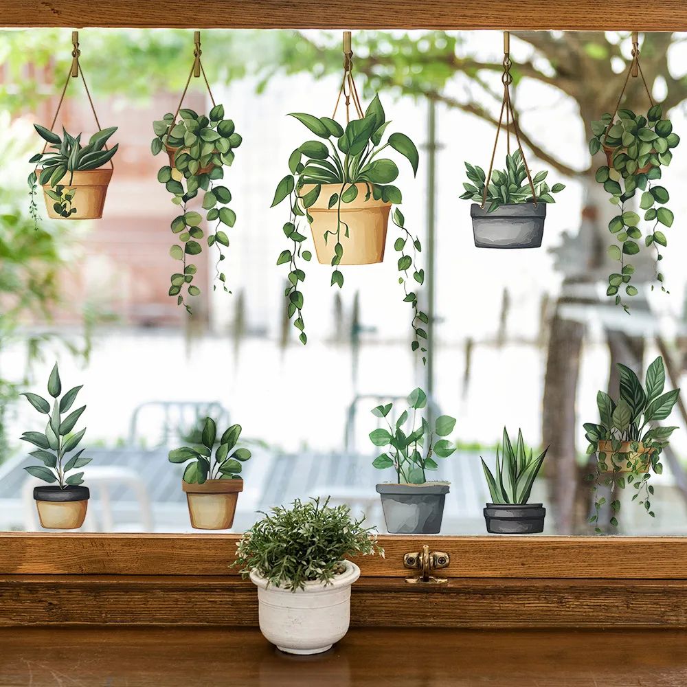 Hanging Potted Plant window clings set - Reusable removable window stickers for fresh, botanical decor