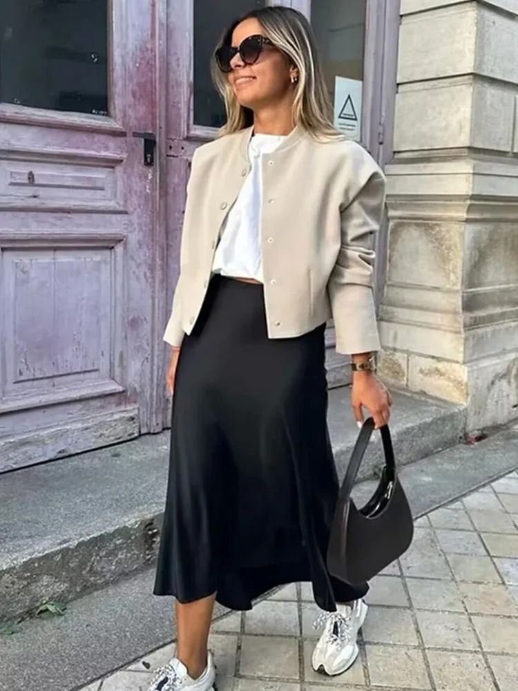 MUJER Woman 2025 High Waist Satin Midi Skirt – Elegant Black Summer Long Skirt for Office & Professional Wear