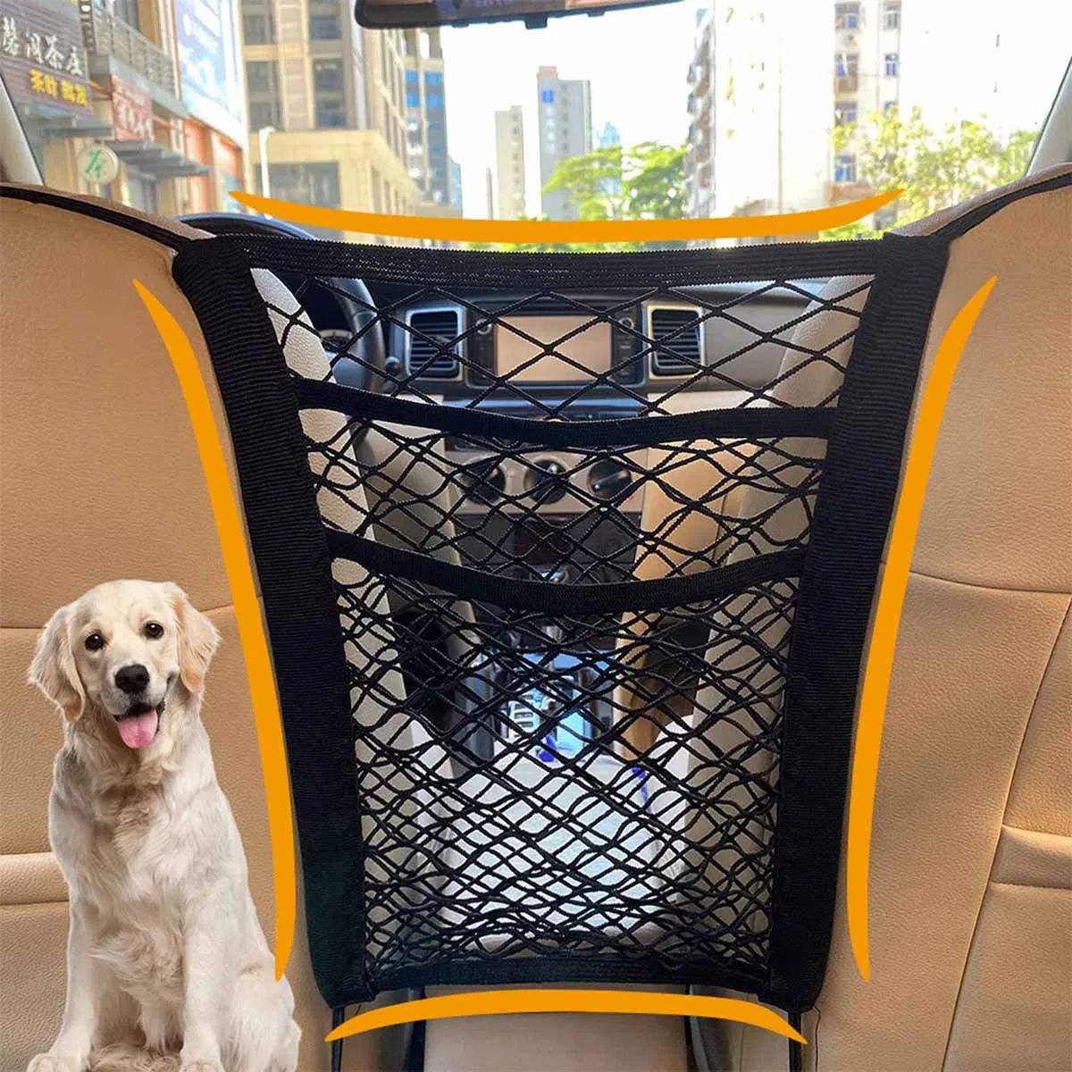 Dog Car Barrier Net for Rear Seat – Elastic Safety Fence + Double-Layer Storage Organizer