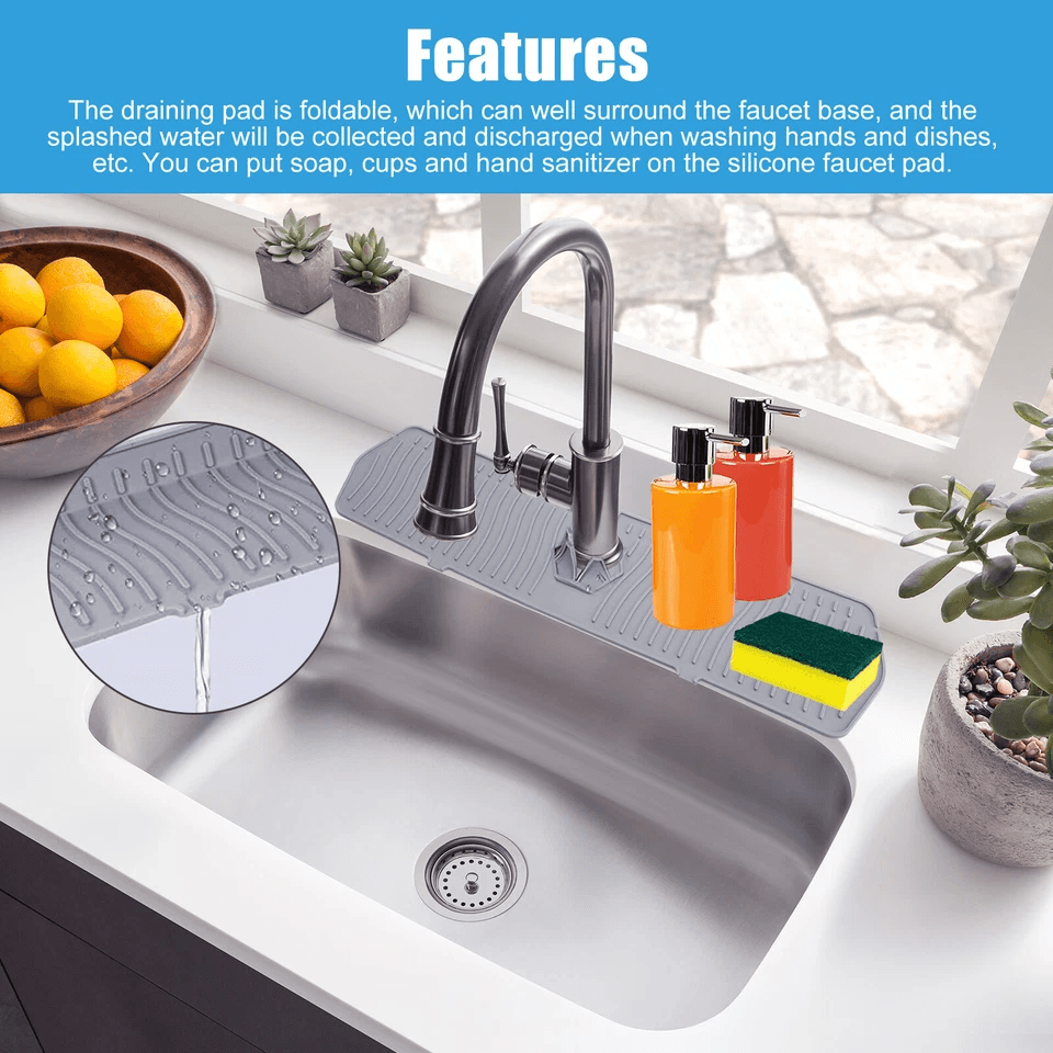 Kitchen Faucet Sink Splash Guard, Silicone Water Catcher Tray & Drip Mat