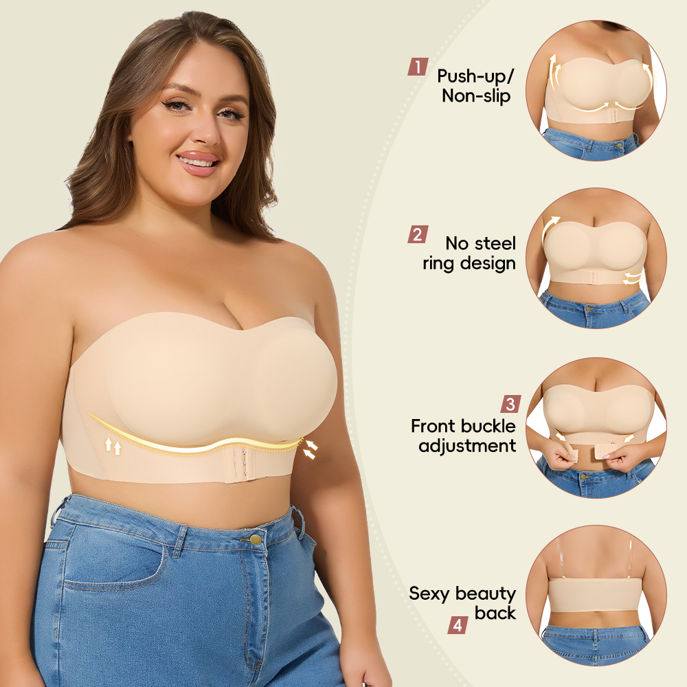 Women Strapless Padded Bra, Seam-free Front Button Cross Bandage, Comfortable Plus Size Lingerie for Women