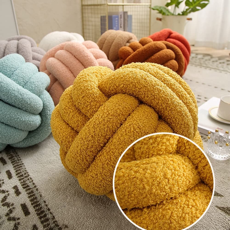 Soft Yellow Handmade Knotted Plush Round Throw Pillow, Circle Ball Cushion for Home, Living Room Halloween Decor