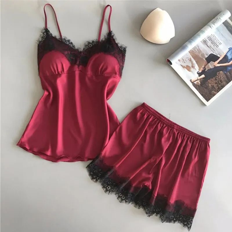 Women V Neck Lace Pajama Set with Cami and Sleep Shorts