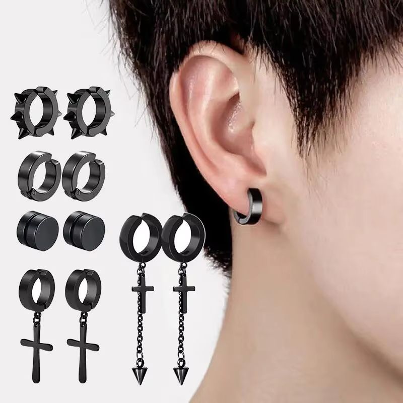 Mens Punk Cross Magnetic Earrings Set Stainless Steel Non Piercing 5 Pairs