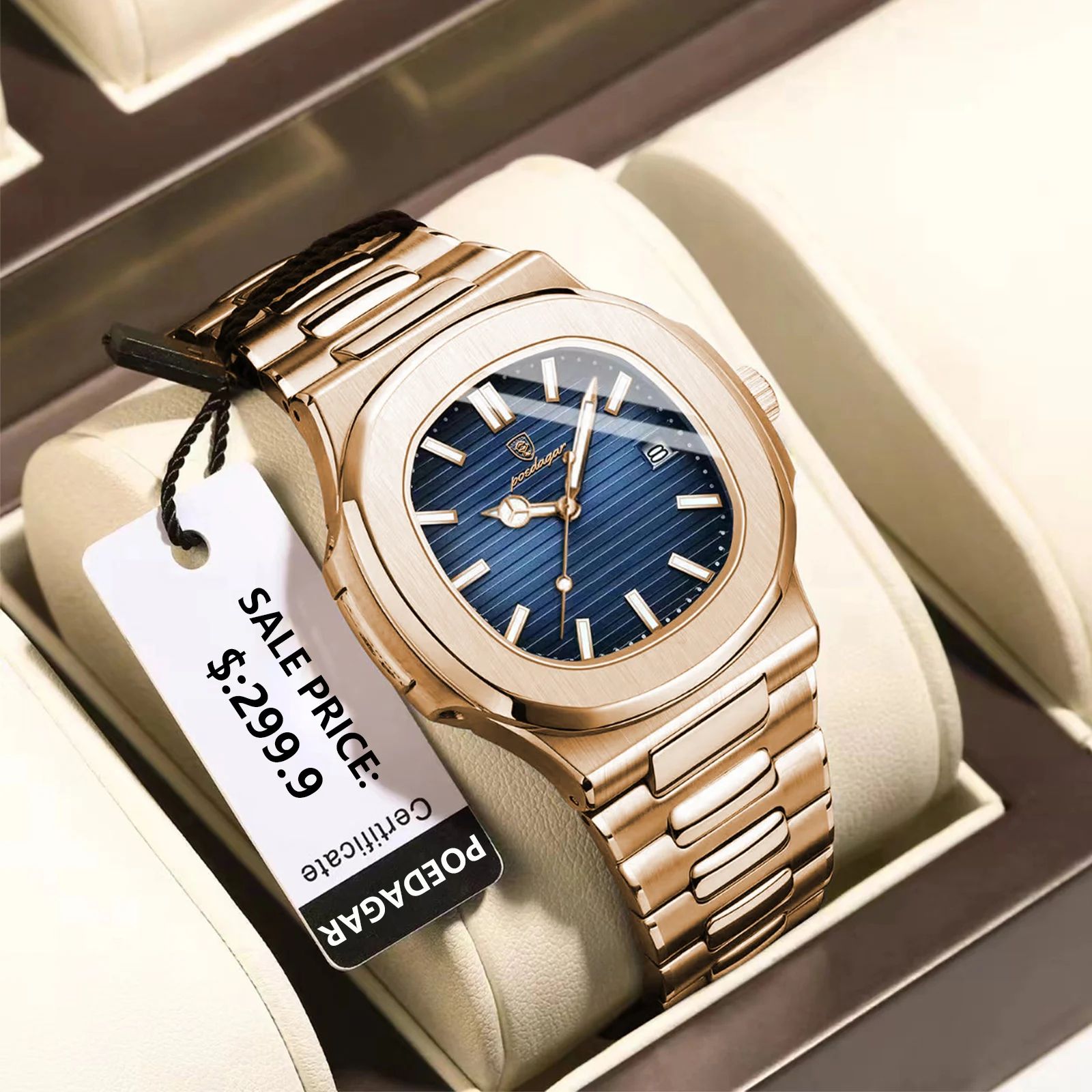 POEDAGAR Square Stainless Steel Quartz Watch for Men