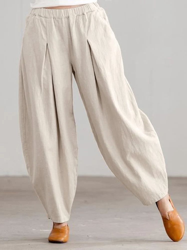 Women Summer Cotton Wide Leg Pants Elastic Waist Loose Casual Trousers
